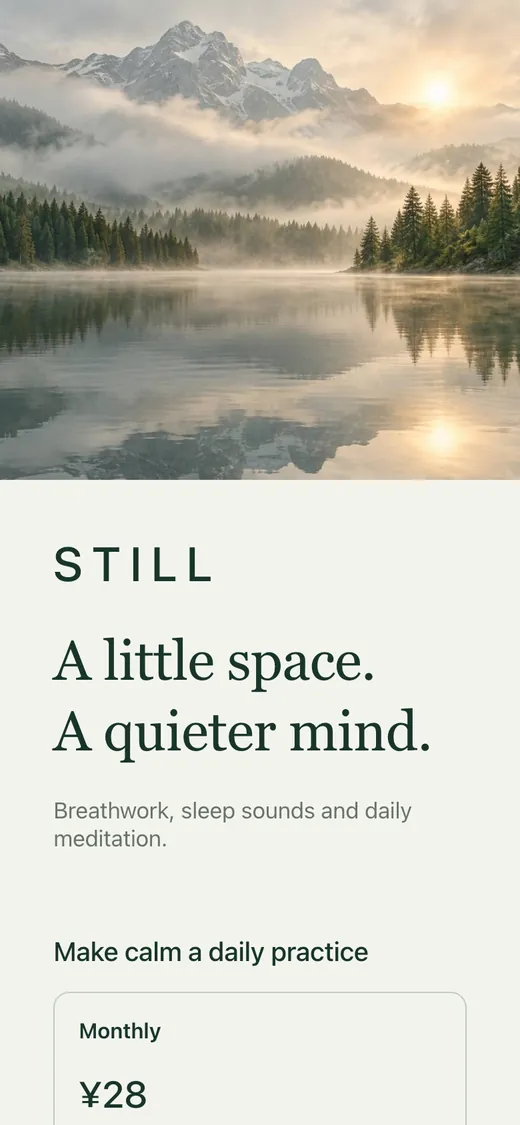 STILL meditation paywall on a phone: a misty lake at sunrise and the headline “A little space. A quieter mind.”