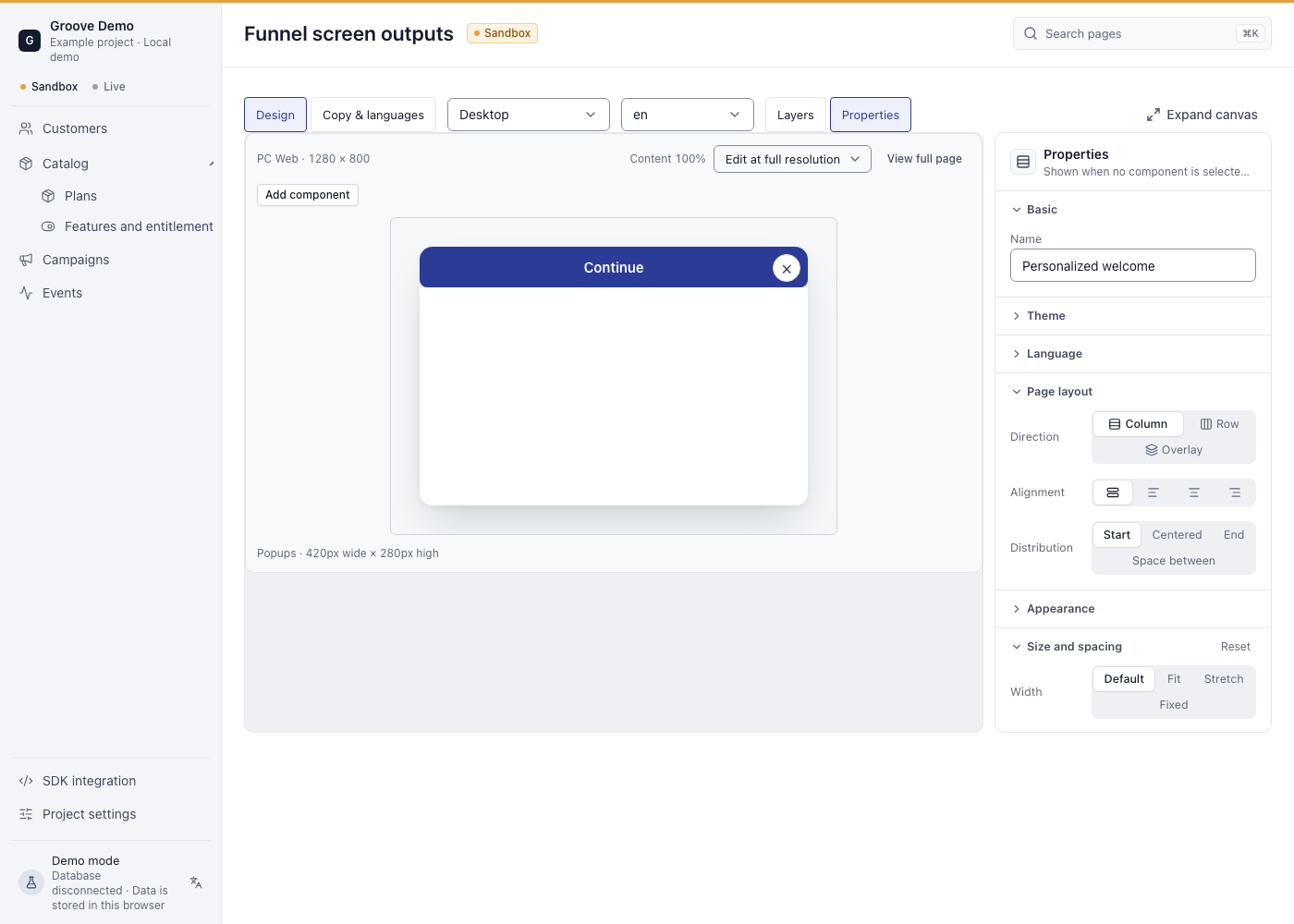 Current Funnel screen workbench fixture showing layers, the design canvas, properties and owned-screen output editing.