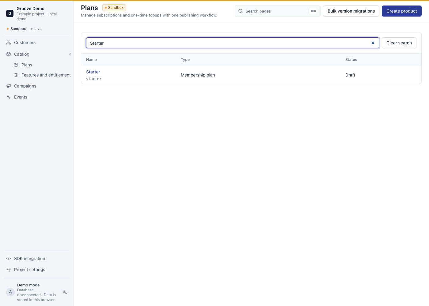 Current Product catalog fixture showing the Starter membership, draft status, monthly billing and an exact USD amount.