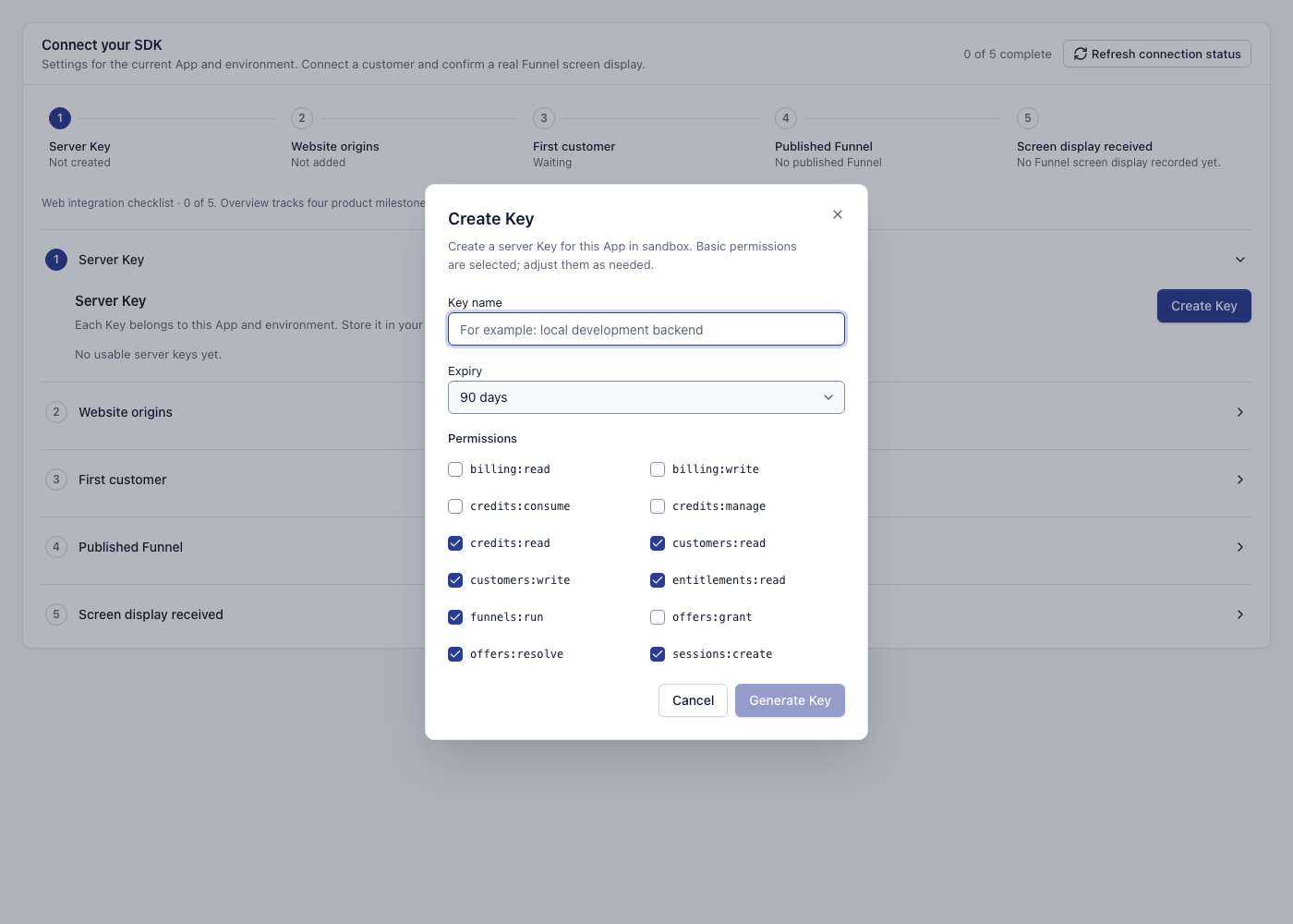 Current key dialog showing the name, expiry and current customer, Funnel, billing and balance permissions.